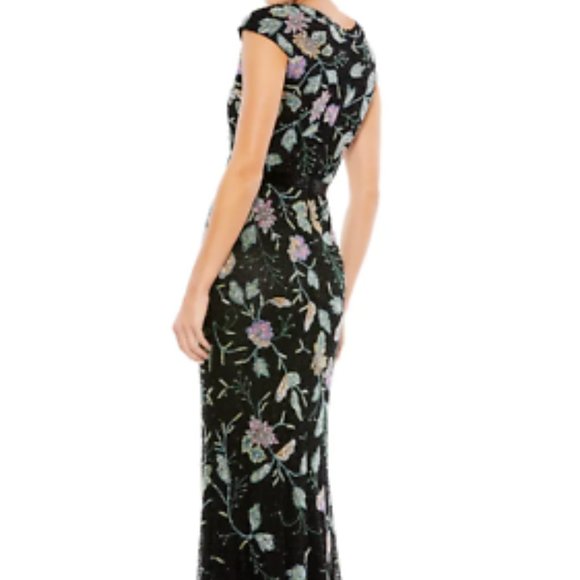 MAC DUGGAL FLORAL BEADED TULLE COLUMN GOWN BLACK MULTI DRESS sz 2 - Picture 3 of 6